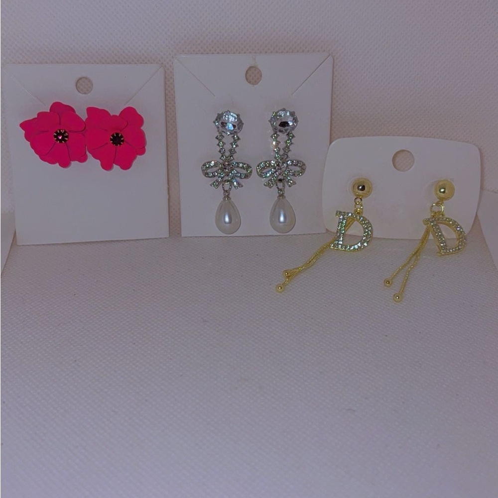 Mixed Trio Earring Set — Pink Flower, Crystal Bow Drops, Gold Initial Dangles